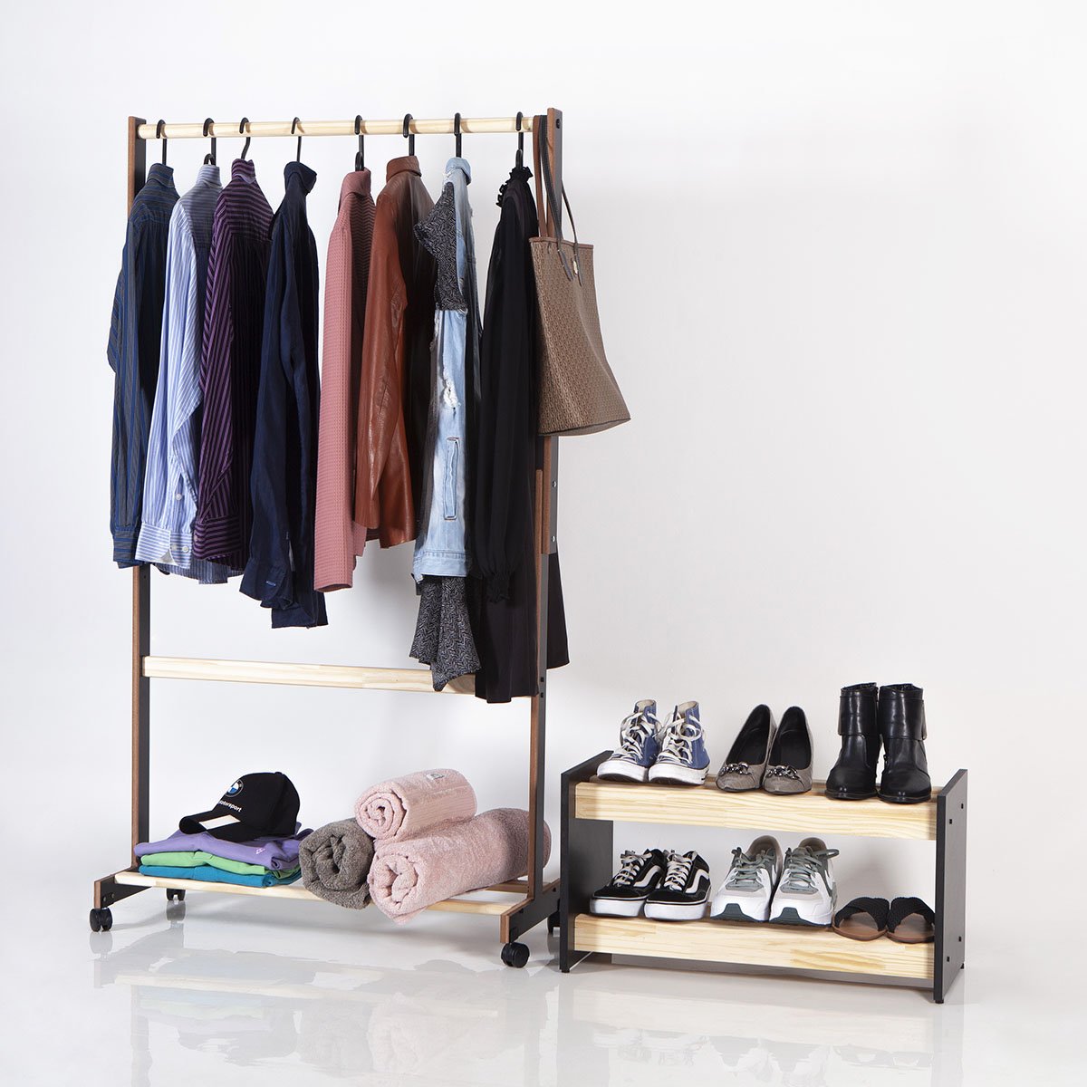 Kit Sapateira Pinus e MDF Preto com Arara Organizador Roupas - 2