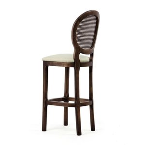 Banqueta Luis XV Medalhão de Madeira com Assento Estofado Canela Tecido Linho Rústico