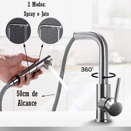 Torneira Cozinha Gourmet Monocomando Extensível Bancada Aço Inox - 2
