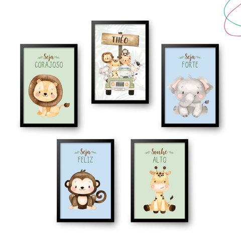Kit 5 Quadros Decorativos Safari Baby Aquarela Bege:preta