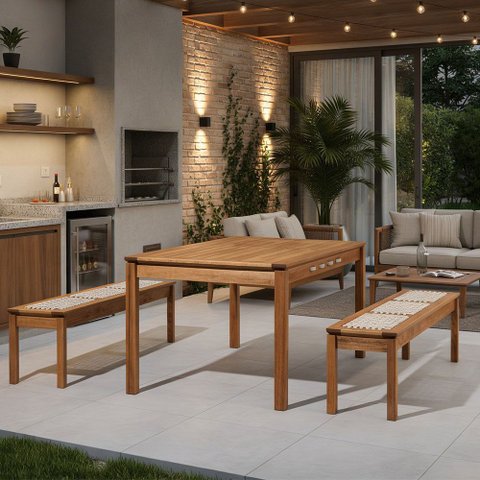 Mesa de Jantar 6 Lugares com 02 Bancos de Madeira 180cm Trammare C07 Corda Areia - Lyam Decor