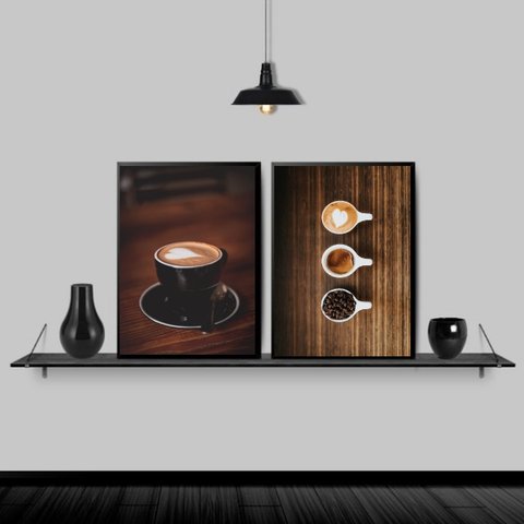 Kit 2 Quadros Rústicos Fotografias Cafés 24x18cm:Madeira preta