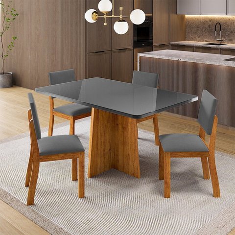 Conjunto de Sala de Jantar 4 Lugares Tampo de Vidro Aires Cinza