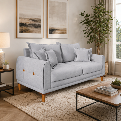 Sofá Living 3 Lugares Bouclê Cinza 1.80m Pés em Madeira Bz Home Decor