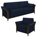 Ver imagem 1 de Kit Sofá Living 3 Lugares e Poltrona 102cm Pés Madeira Roya M22 Veludo Azul Marinho - Mpozenato