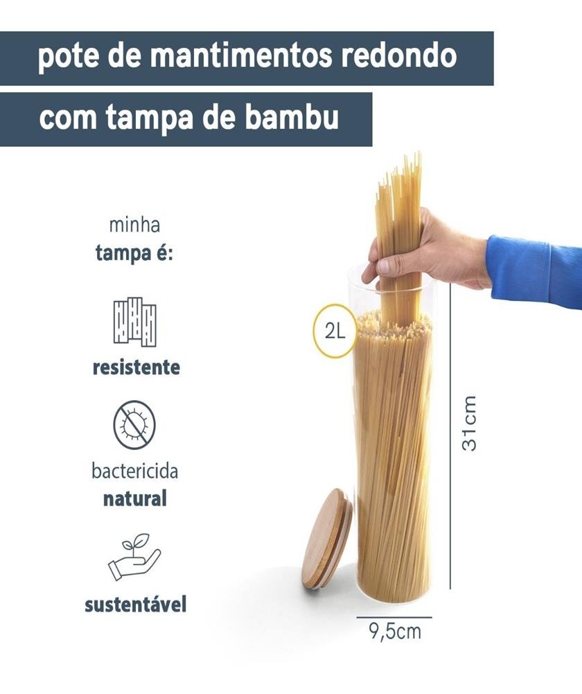 Pote De Vidro Hermético 2 Lts C/ Tampa 100% Bambu Mantimento - 2