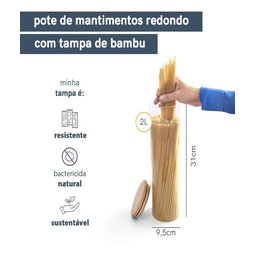 Pote De Vidro Hermético 2 Lts C/ Tampa 100% Bambu Mantimento - 2