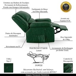Poltrona do Papai Reclinável Melim Power Touch Massagem Pu Fh1 - D'rossi Cor Verde - 7