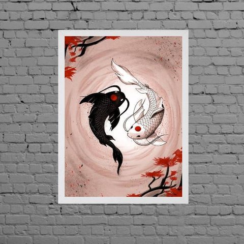 Quadro Decorativo Carpas Yin-Yang 24x18cm:Madeira branca