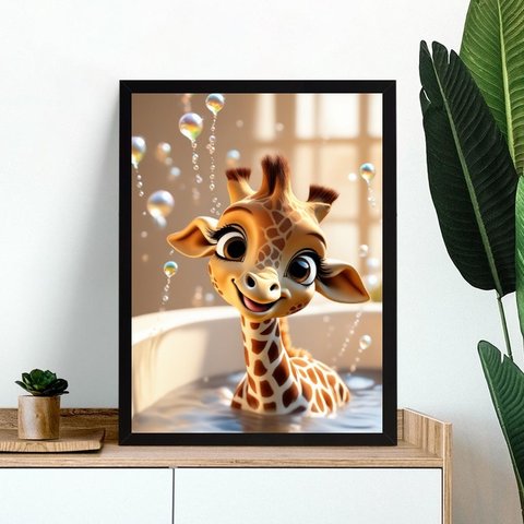 Quadro Banheiro Infantil - Girafinha Baby 33x24cm - com Vidro:moldura Branca
