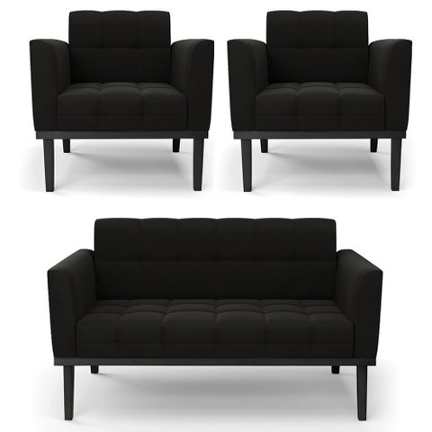Sofá Namoradeira e 2 Poltronas Base Madeira Preto Ana Suede Preto - Ibiza