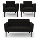 Ver imagem 1 de Sofá Namoradeira e 2 Poltronas Base Madeira Preto Ana Suede Preto - Ibiza