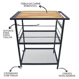 Carrinho de Churrasco Gourmet Estilo Industrial com Tábua Teka Removível - 2