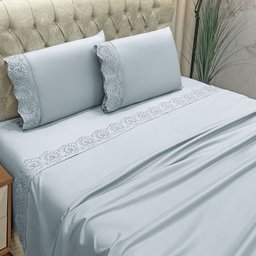 Jogo Cama Lençol Detail King Bordado Guipir Bordado Inglês Percal 300 Fios 4 Peças - Cinza - 2