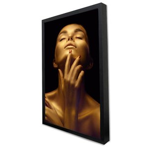 Quadro Decorativo Caixa Mulher Beleza Dourada Tacolado Moldura Caixa 3cm Preta com Vidro 80 X 120cm