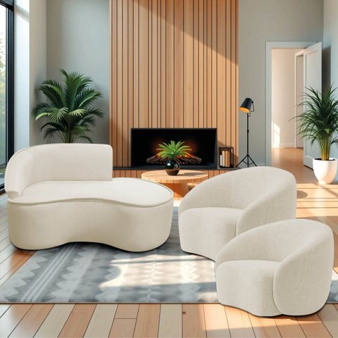 Kit Divã Recamier Orgânico Marrocos 150cm Lado Direito e 2 Poltronas Amore Bouclé