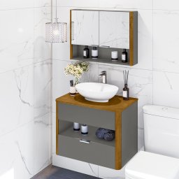 Kit Gabinete de Banheiro Santorini Ii com Espelheira e Cuba Titanium/naturale - 1