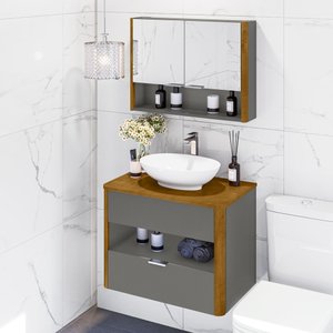 Kit Gabinete de Banheiro Santorini Ii com Espelheira e Cuba Titanium/naturale