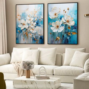 Kit Quadro Decorativo 2 Telas Flores Brancas com Textura Azulada Tacolado Moldura Trad 1cm Madeira e
