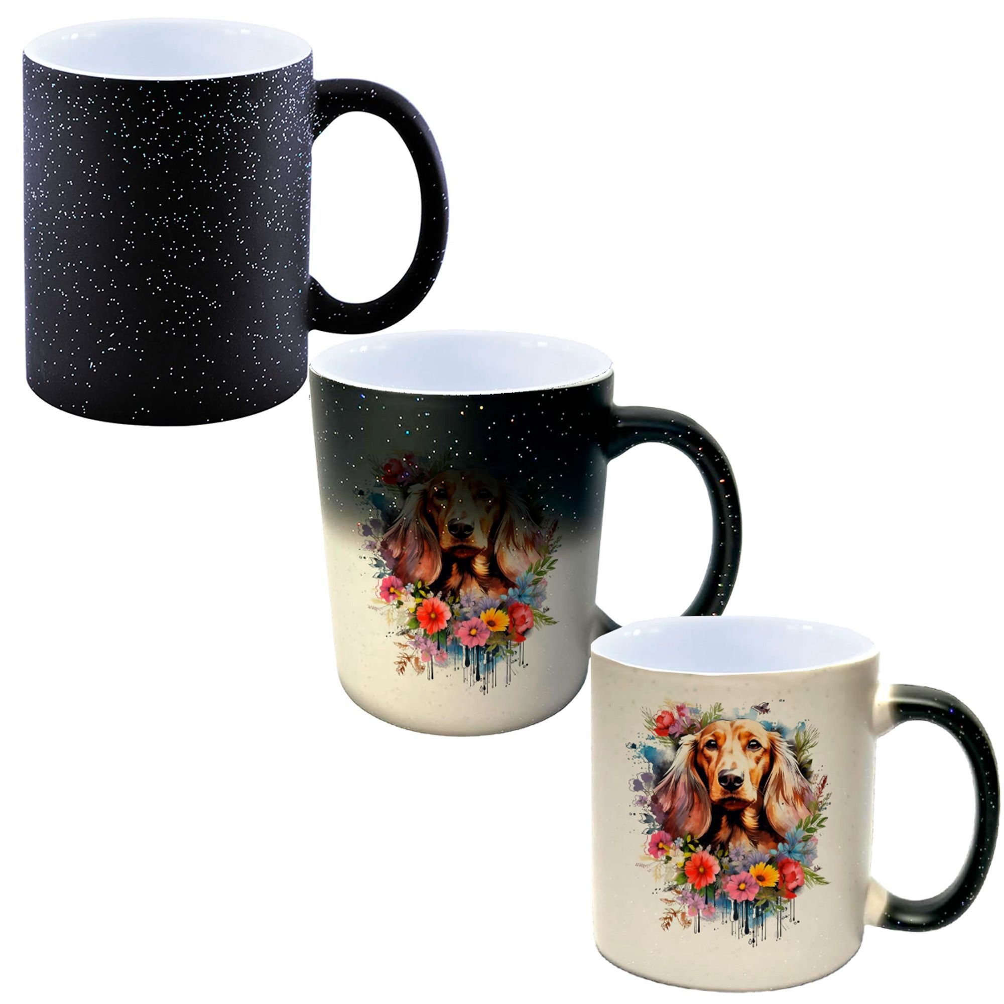 Caneca Mágica Glitter Muda de Cor Y2 Dachshund Marrom Flores - 1