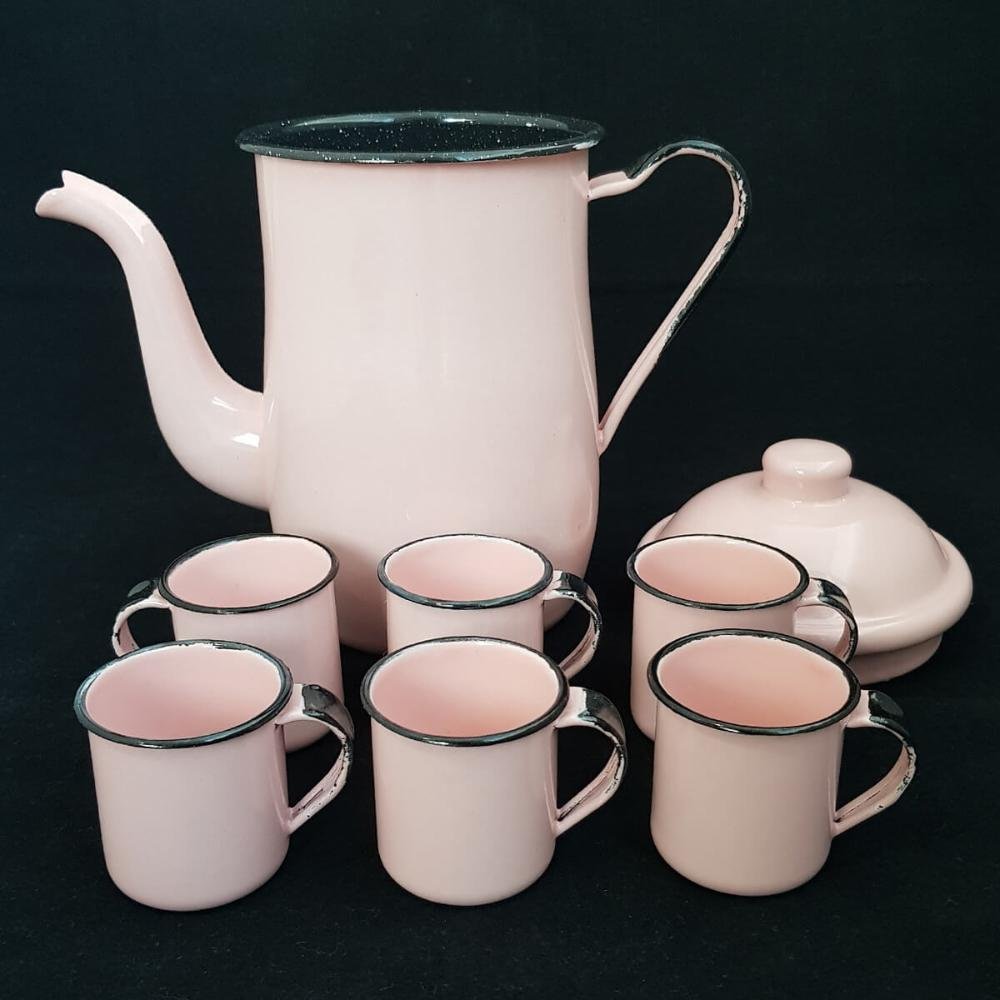 Bule Café Esmaltado 1,25 Litros e 6 Xícaras 70ml Tradicional Rosa - 3