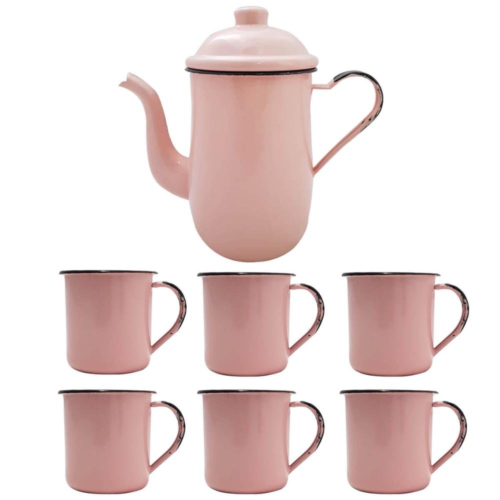 Bule Café Esmaltado 1,25 Litros e 6 Xícaras 70ml Tradicional Rosa - 1