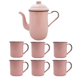 Bule Café Esmaltado 1,25 Litros e 6 Xícaras 70ml Tradicional Rosa - 1