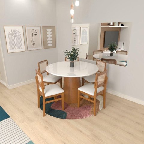 Conjunto de Mesa e 5 Cadeiras Cone Tampo MDF com Vidro Off-White 120cm