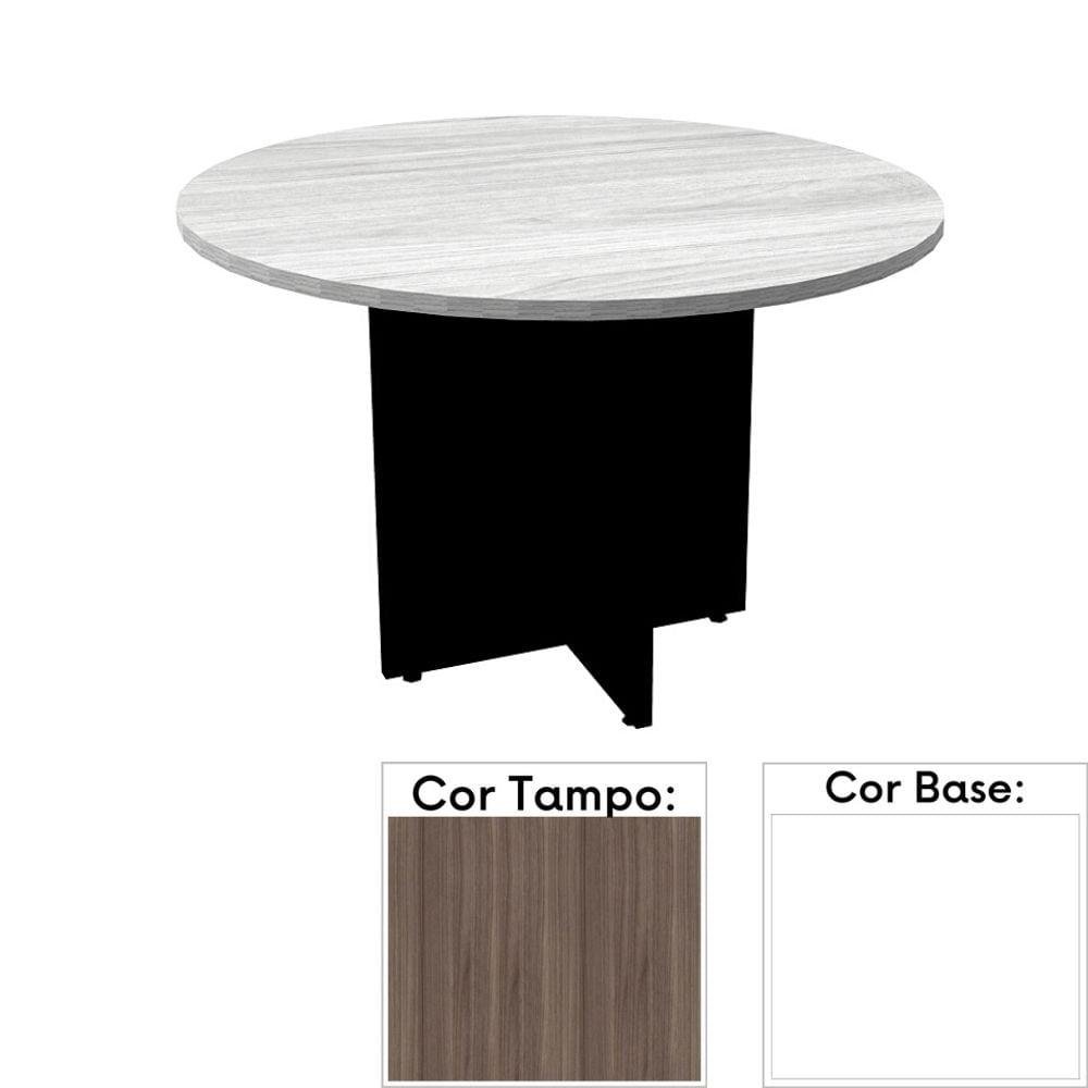 Mesa de Reunião Redonda 110x110cm Pé Painel Pe25 em MDP Cor Walnut e Base Branca - 1