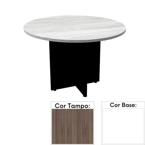 Mesa de Reunião Redonda 110x110cm Pé Painel Pe25 em MDP Cor Walnut e Base Branca