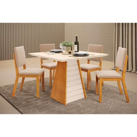 Sala de Jantar Completa Fler C/ Tampo Madeirado C/ Vidro 90x90cm e 4 Cadeiras Talia Cedro/off White