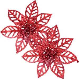 Kit 16 Flores Gliter Vermelha Decoração Árvore de Natal 14cm