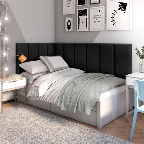 Conjunto de Cabeceira para Cama de Casal Lateral Preto 0,90 Aurora - Jr Móveis