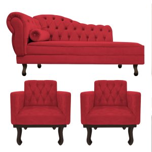 Kit Diva Recamier Diana 160cm Lado Direito e 02 Poltronas Classic Suede Vermelho - ADJ Decor