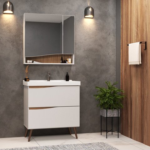 Gabinete para Banheiro com Pés 02 Gavetas com Lavatório e Armário 80cm Lille Móveis Bosi