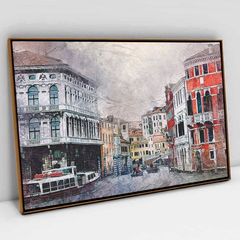 Quadro Decorativo em Canvas Aquarela City TaColado Moldura Flutuante 4,5cm Freijó 120 x 80cm