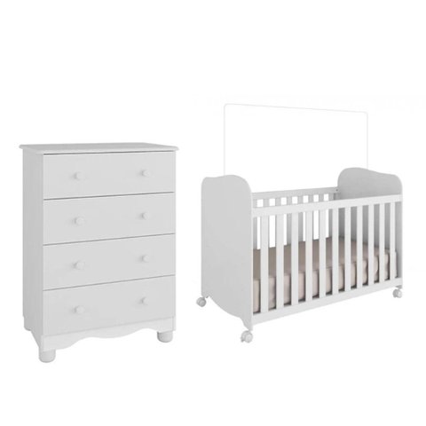 Quarto de Bebê com Cômoda 4 Gavetas Berço Junior Uli Móveis Peroba Branco