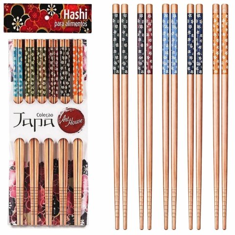 Hashi de Bambu C/ 5 Pares Decorado Top Premium- Art House - Panami