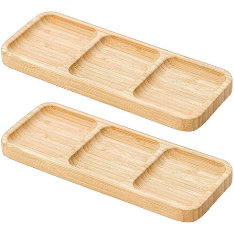 Kit 2 Petisqueiras 3 Divisórias 25x10cm Bandeja de Bambu Entradas Plasvale Travessa
