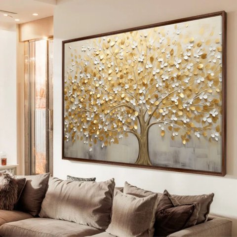 Quadro Árvore da Vida Abstrato Folhas Douradas Arte Grande