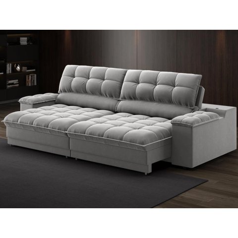 Sofá com Porta Copos e Carregador Usb Ret Rec Luke 2,10m Veludocristal Cinza - Netsofas