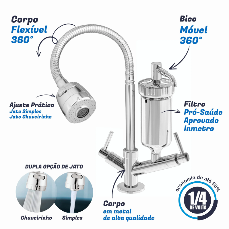 Torneira com Filtro Gourmet Pia Cozinha de Parede + 3 Refil - 5