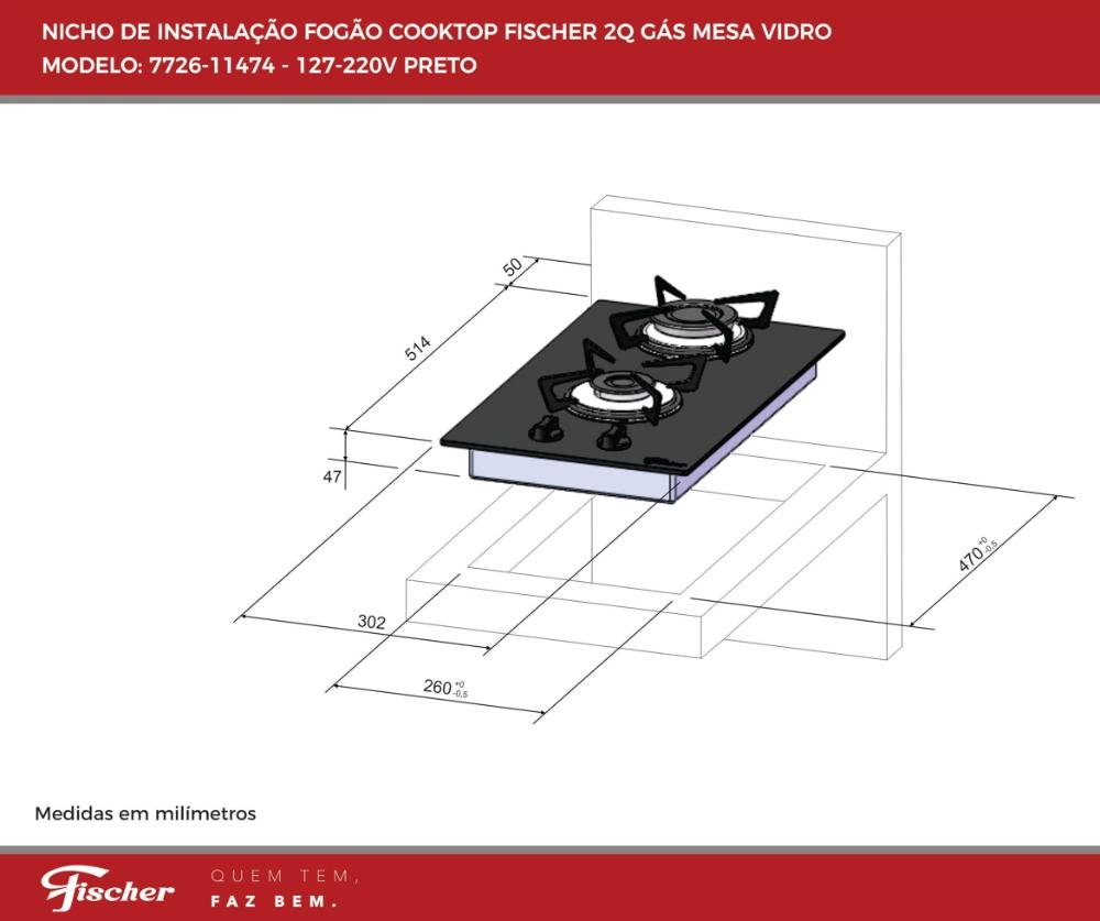 Fogão Cooktop À Gás 2 Bocas Mesa Vidro Bivolt Fischer Preto - 3