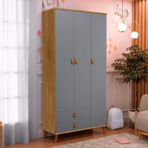 Roupeiro Jujuba Elegante com 3 Portas 2 Gavetas em Mdf:cinza