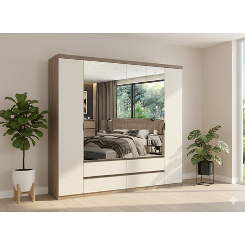 Guarda-Roupa 6 Portas 4 Gavetas 100% MDF 250cm x 230cm x 55cm Nobre Off White/Rustic