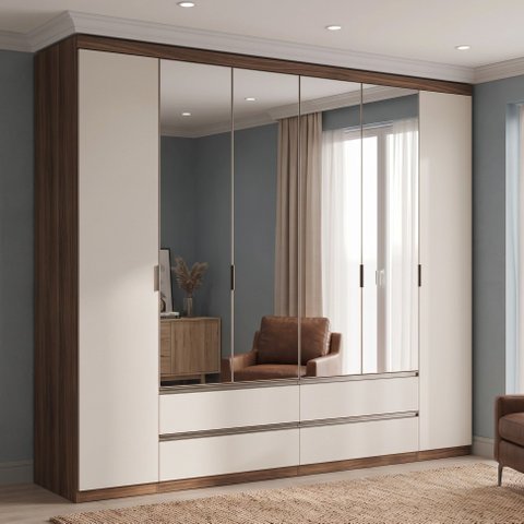Guarda Roupa Casal com Espelho 100% MDF 6 Portas 4 Gavetas 250 x 230cm Nobre Yescasa Off White/Rustic