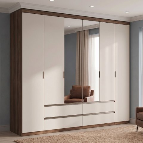 Guarda Roupa Casal com Espelho 100% MDF 6 Portas 4 Gavetas 230 x 250cm Nobre Yescasa Off White/Rustic