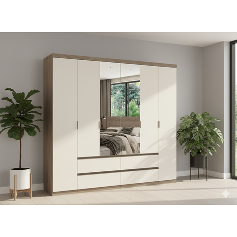 Guarda-Roupa 6 Portas 4 Gavetas 100% MDF 250cm x 230cm x 55cm Nobre Off White/Rustic