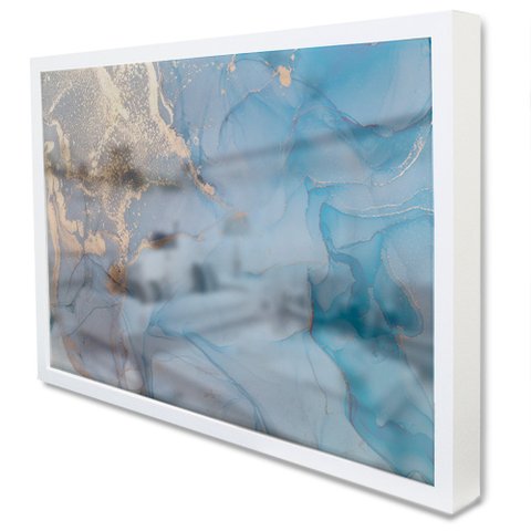 Quadro Decorativo Caixa Alta com Vidro Abstrato Mármore Azul Oceano TaColado Moldura Branca 90 x 60c