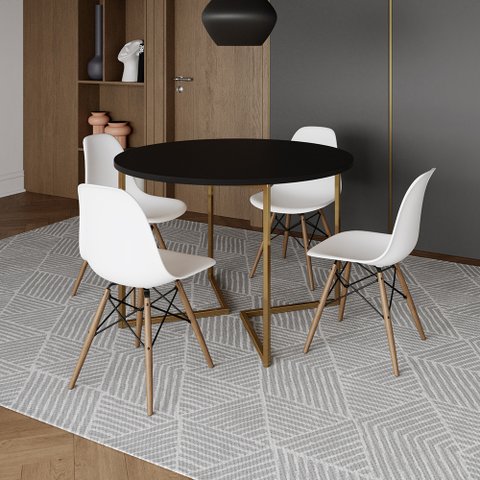 Mesa Jantar Industrial Redonda 110cm Preta Base V Dourada com 4 Cadeiras Eames Eiffel Madeira Branca